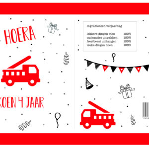 Printable traktatie | BRANDWEERAUTO met NAAM en JAAR (kies een kleur)