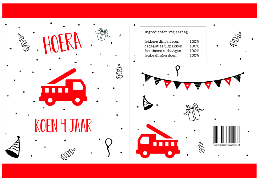 Printable traktatie | BRANDWEERAUTO met NAAM en JAAR (kies een kleur)