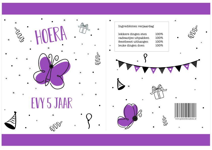 Printable traktatie | VLINDER met NAAM en JAAR (kies een kleur)